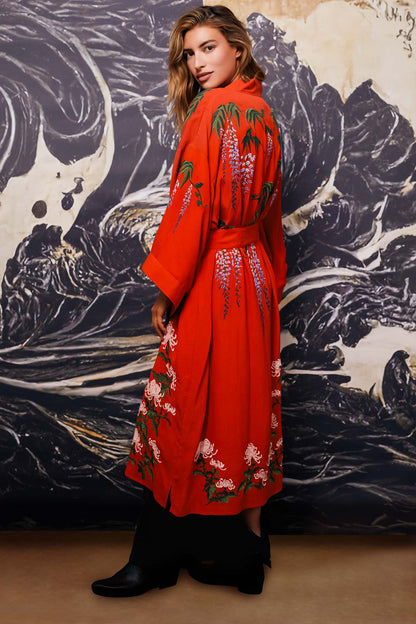 Wisteria & Chrysanthemum Embroidered Terracotta Fully Lined Long Kimono