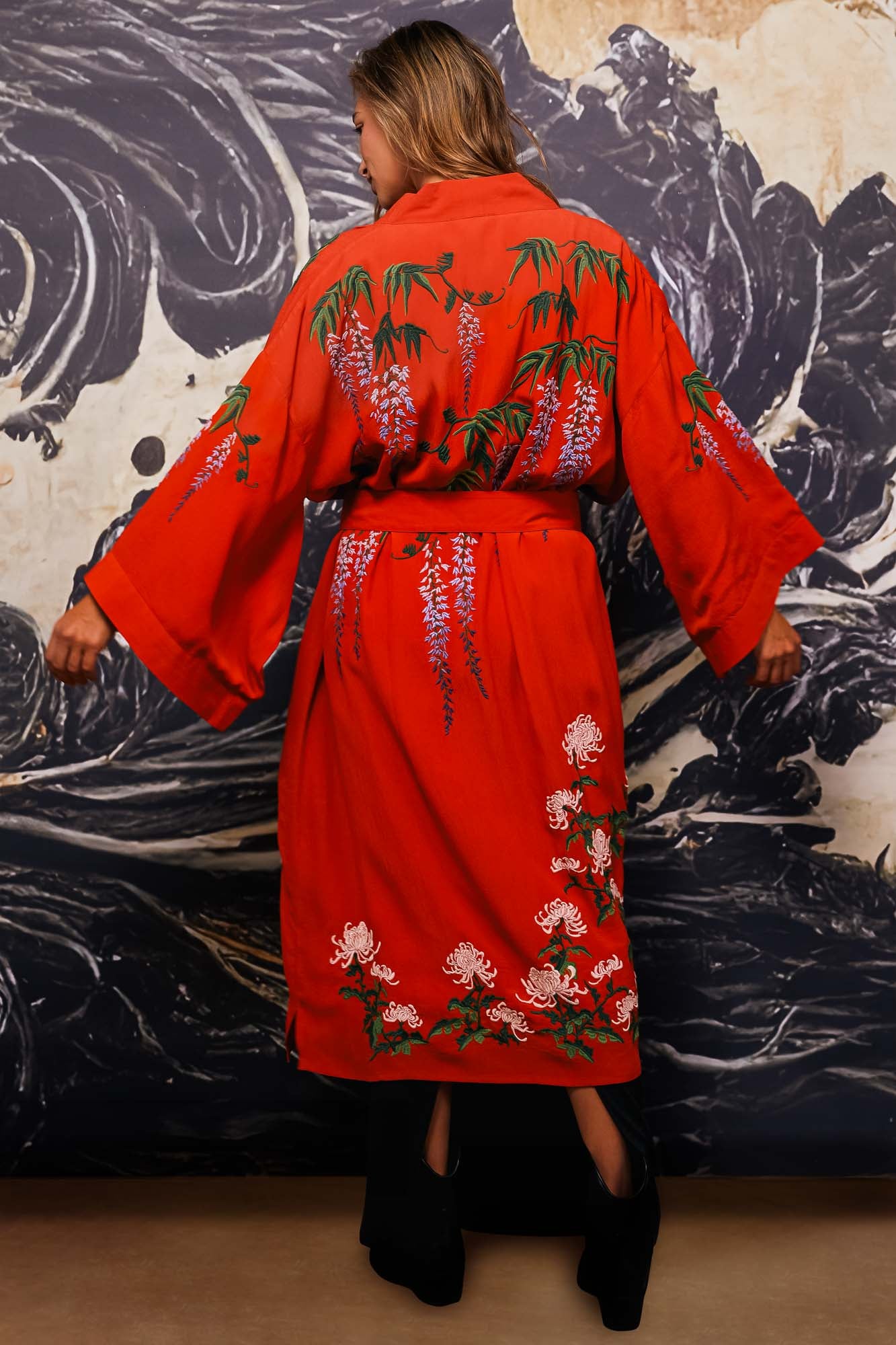 Wisteria & Chrysanthemum Embroidered Terracotta Fully Lined Long Kimono