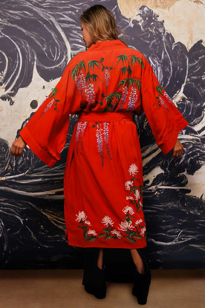 Wisteria & Chrysanthemum Embroidered Terracotta Fully Lined Long Kimono
