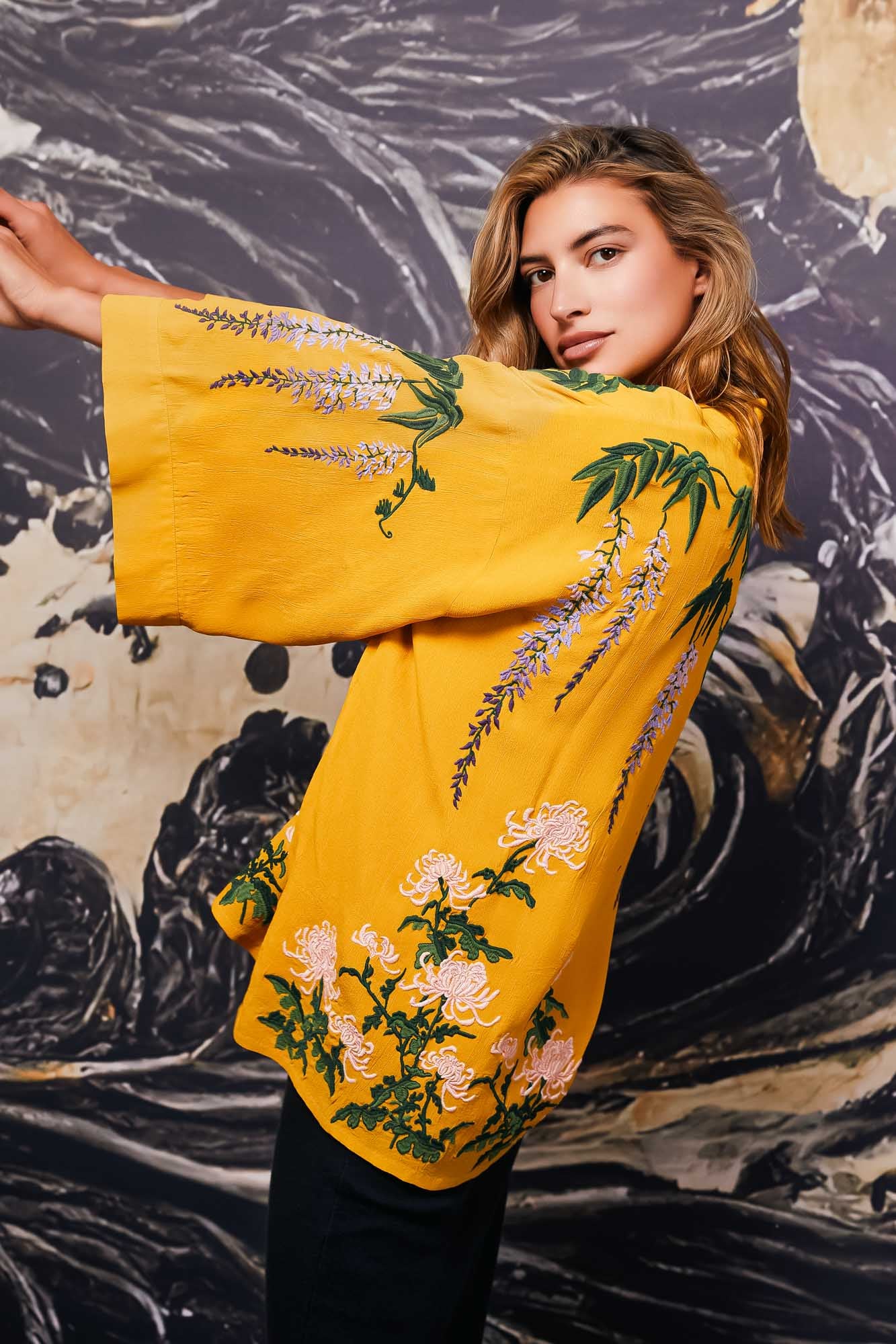Wisteria & Chrysanthemum floral mustard embroidered short kimono jacket side view