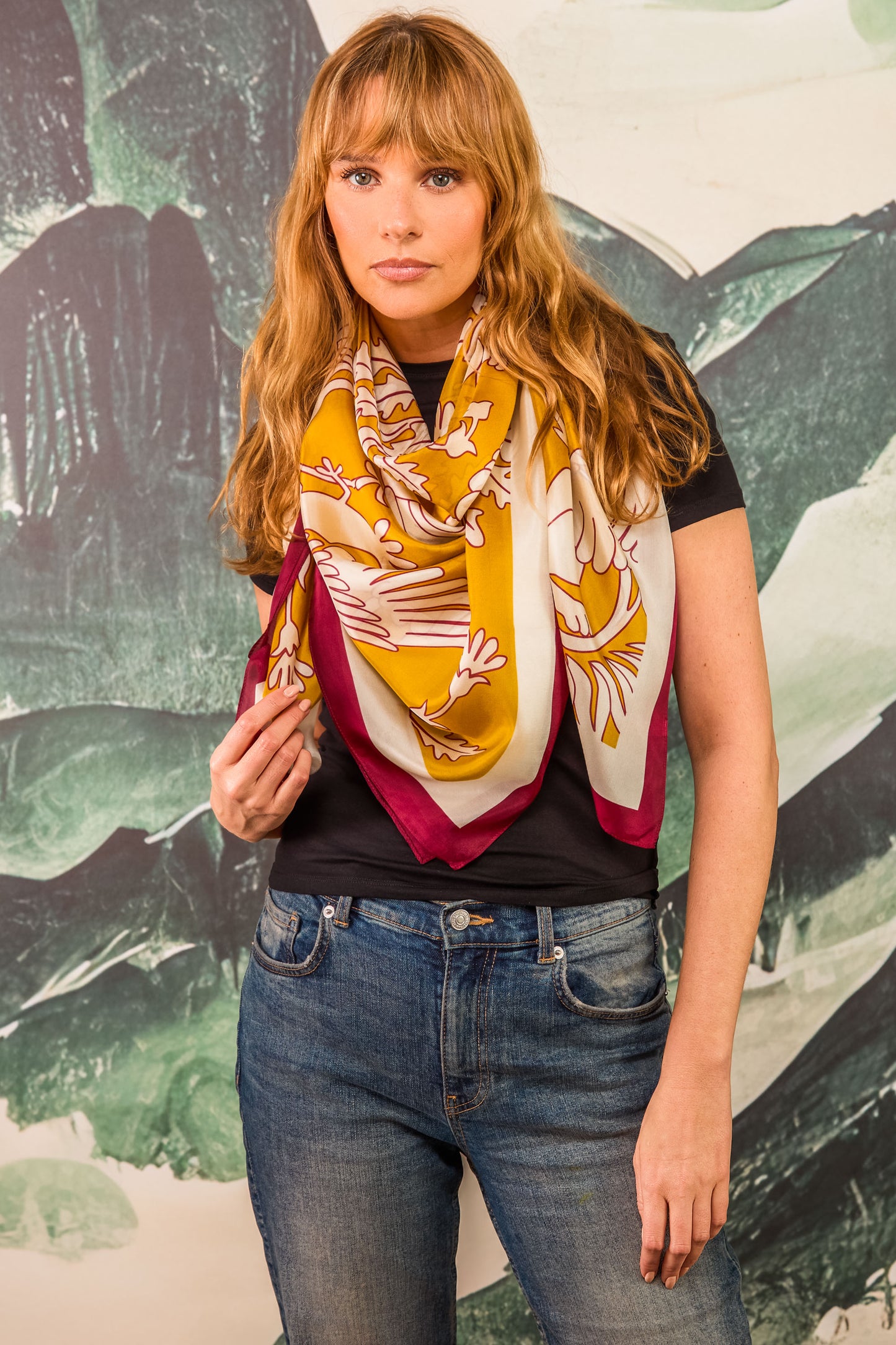 Regal Doves & Lions Wine & Mustard Luxury Silk Scarf 120cm * 120cm