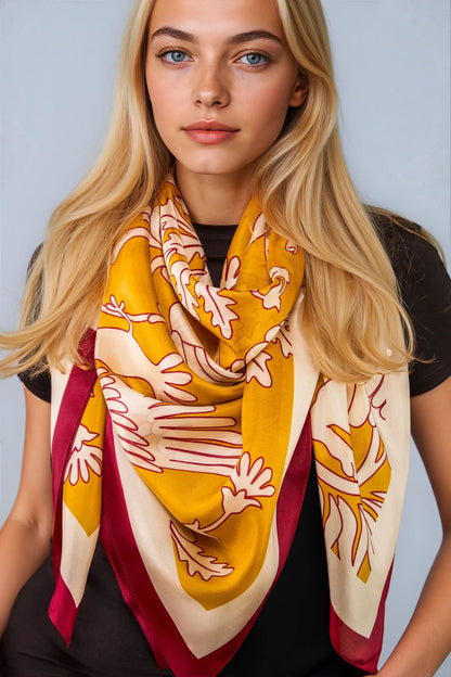 Regal Doves & Lions Wine & Mustard Luxury Silk Scarf 120cm * 120cm