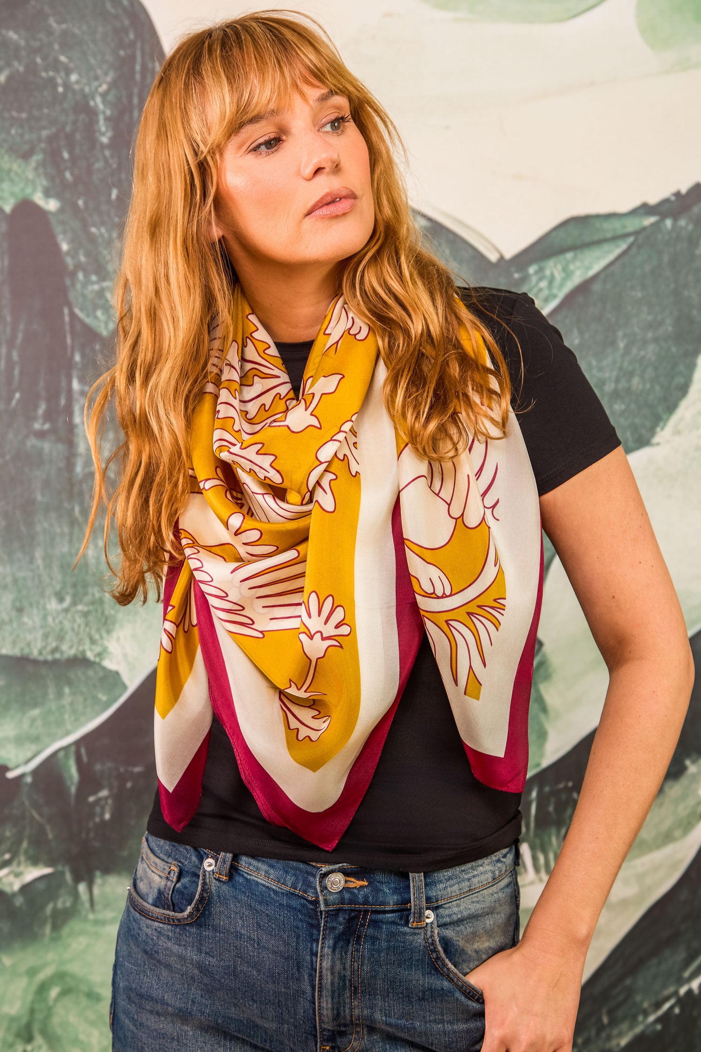 Regal Doves & Lions Wine & Mustard Luxury Silk Scarf 120cm * 120cm