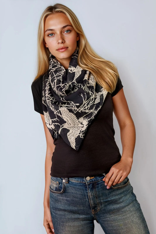 Vintage Japanese Cranes Ivory & Black Cotton Scarf 120cm * 120cm