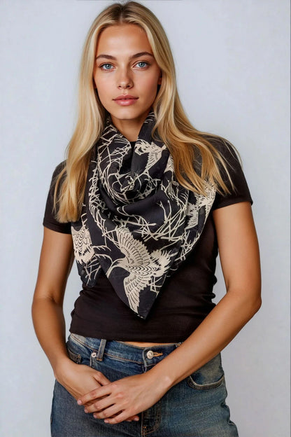 Vintage Japanese Cranes Ivory & Black Cotton Scarf 120cm * 120cm