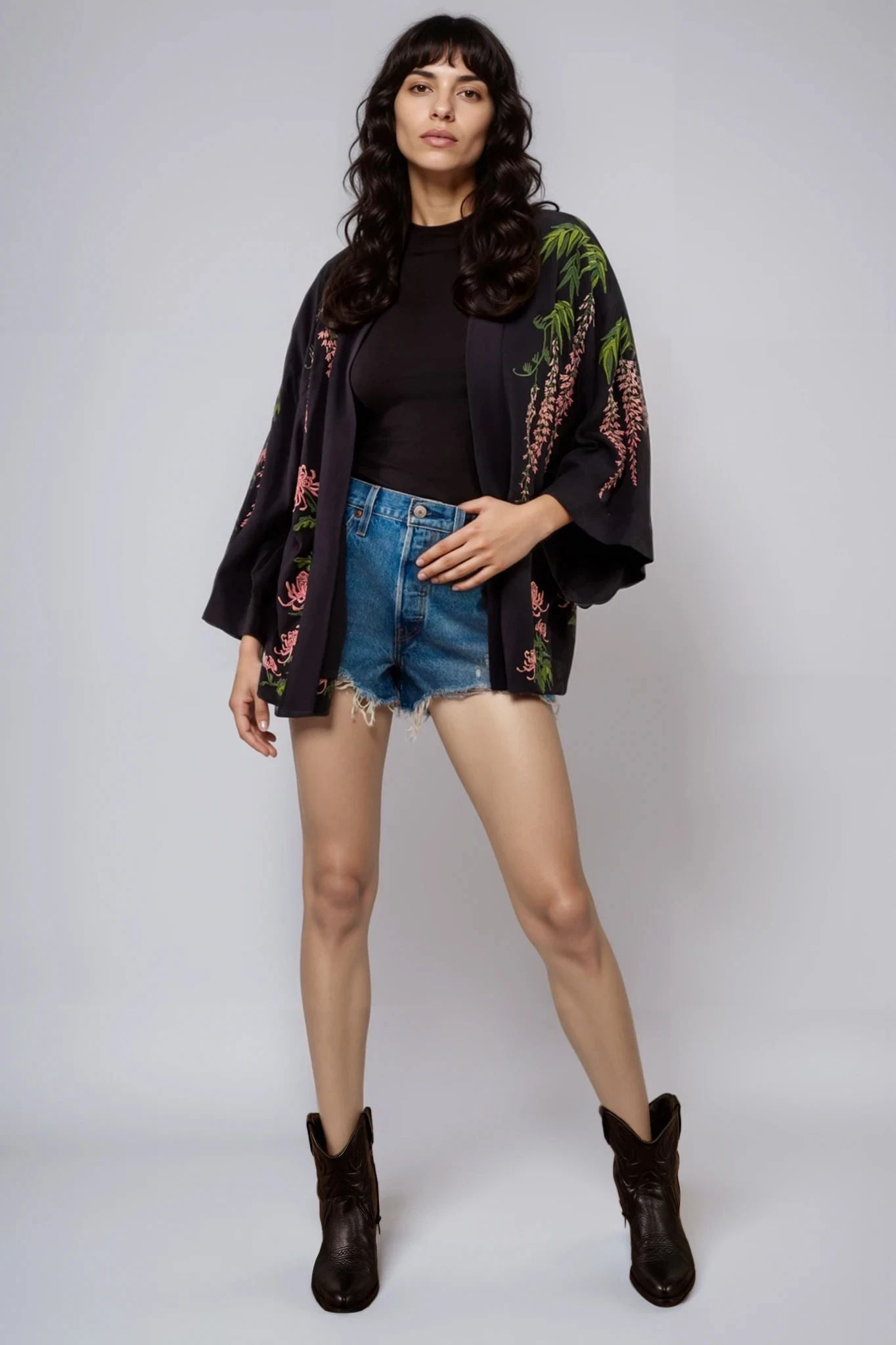 Wisteria & Chrysanthemum Embroidered Black & Pink Fully Lined Short Kimono