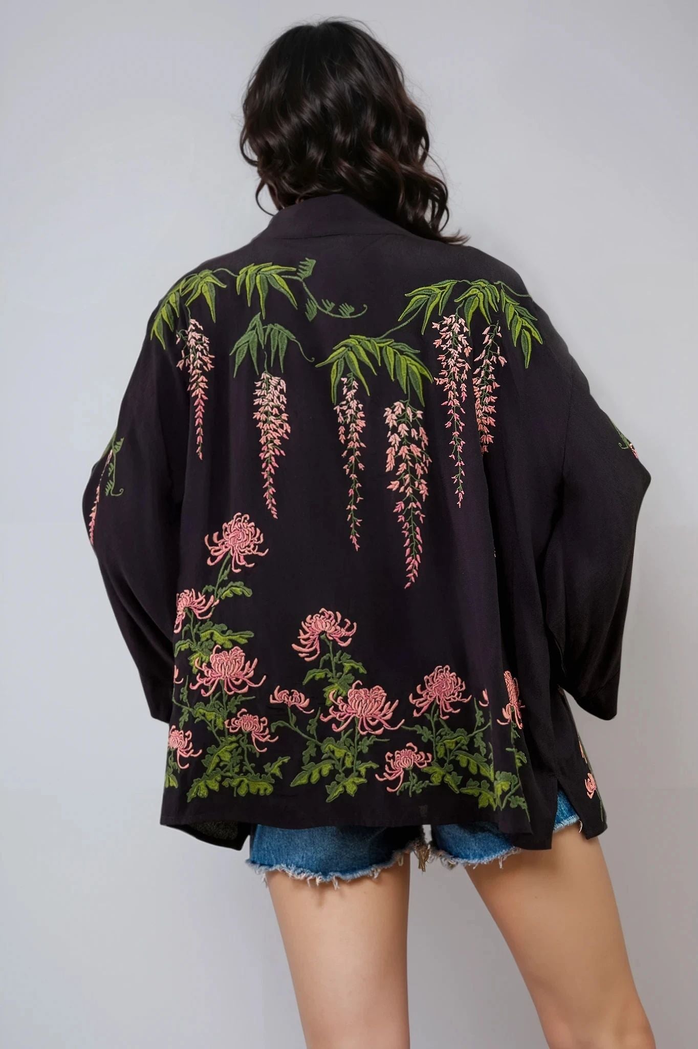 Wisteria & Chrysanthemum Embroidered Black & Pink Fully Lined Short Kimono