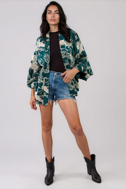 Japanese Crane Print Emerald Green & Ivory Short Kimono
