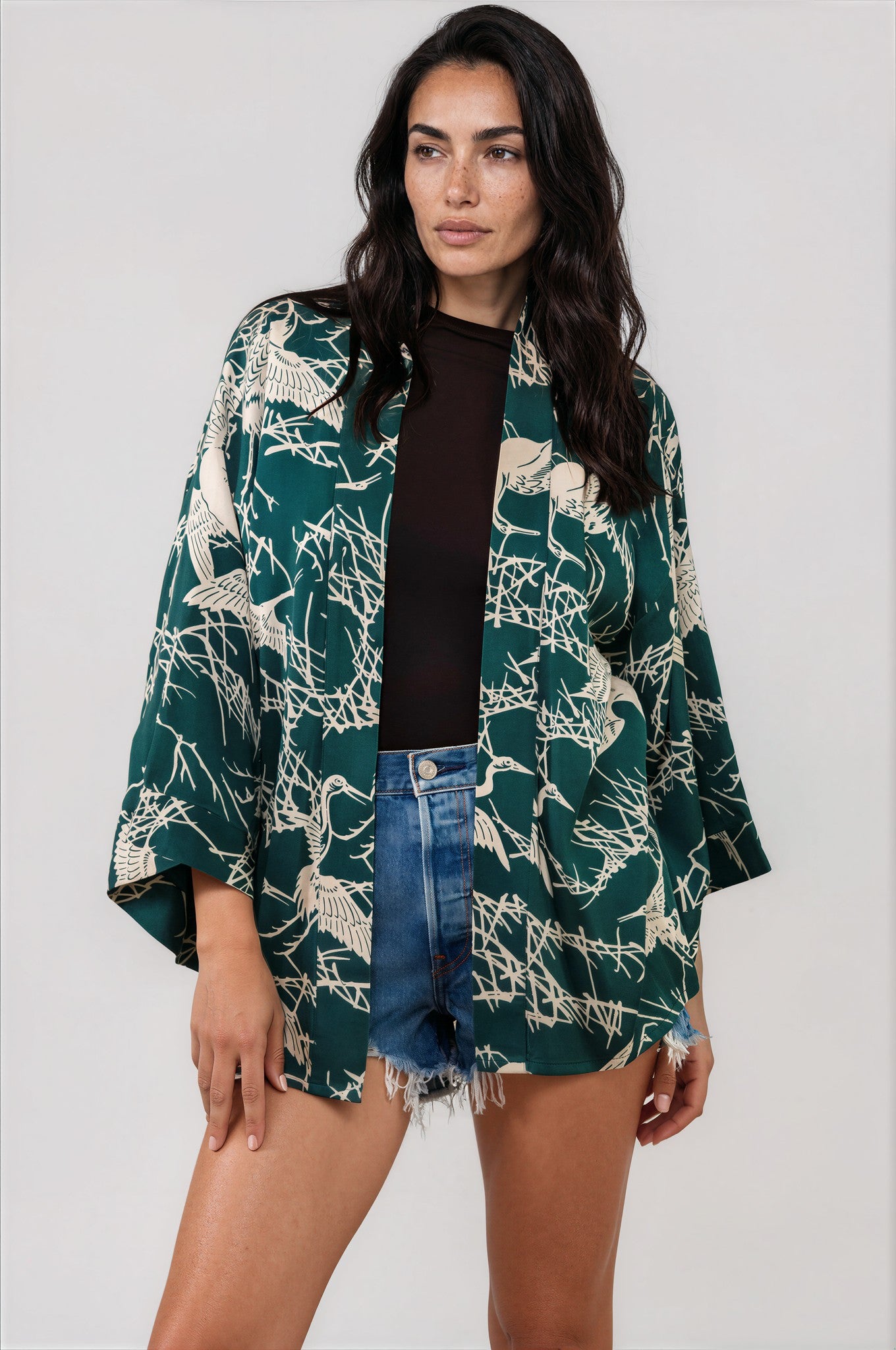 Japanese Crane Print Emerald Green & Ivory Short Kimono – Artemis Muse