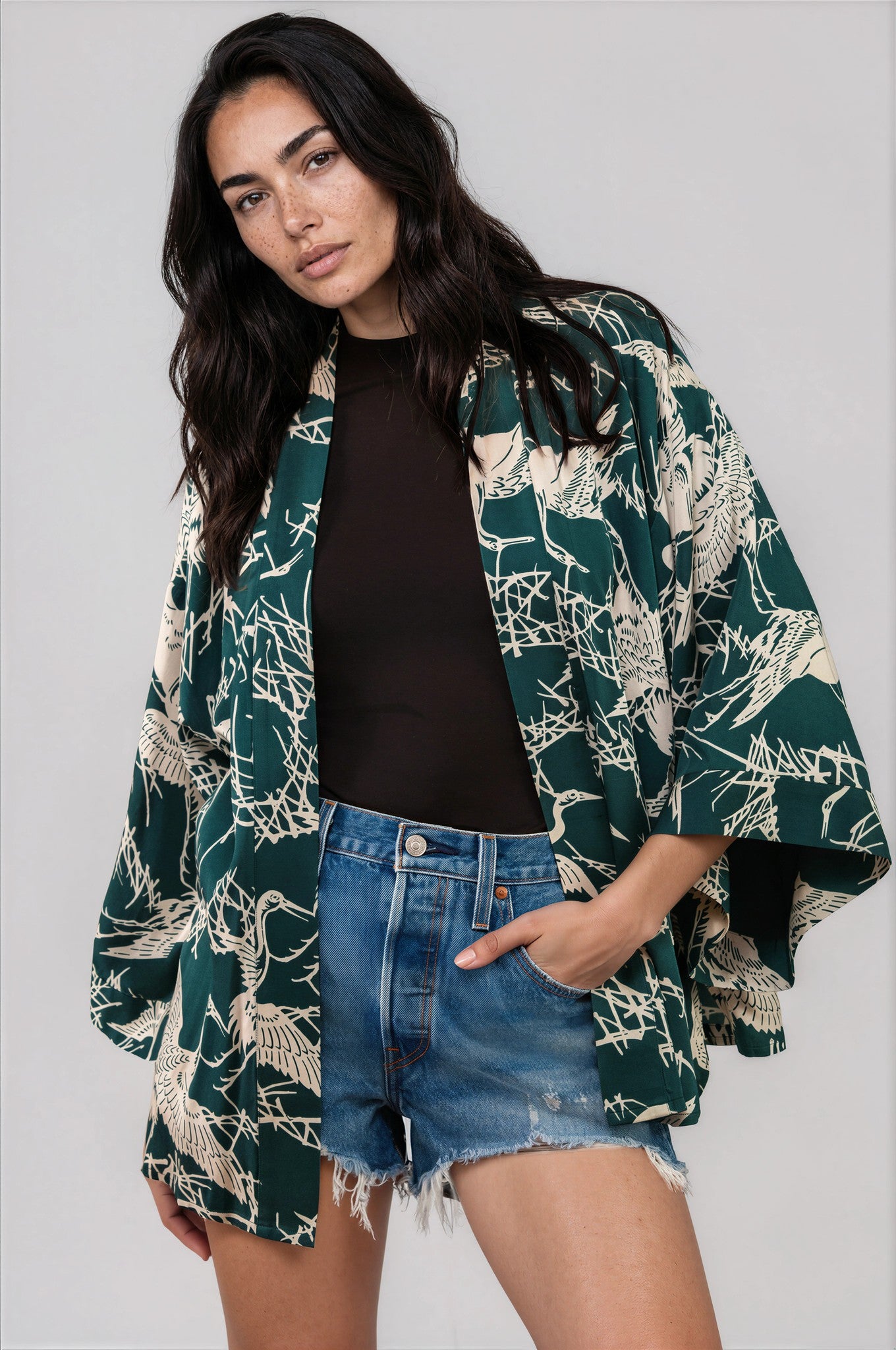 Japanese Crane Print Emerald Green & Ivory Short Kimono