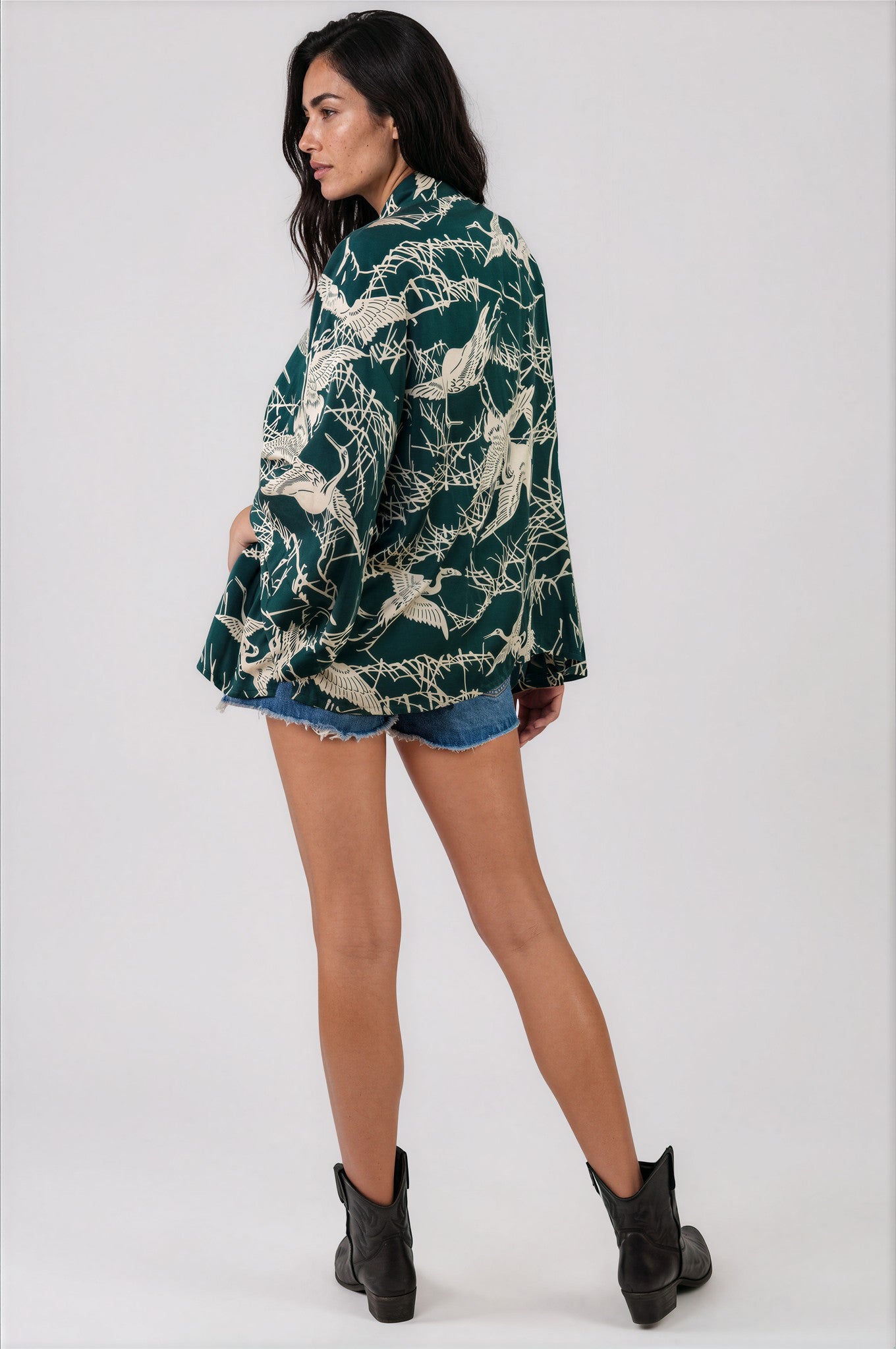 Japanese Crane Print Emerald Green & Ivory Short Kimono