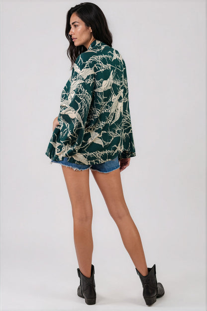 Japanese Crane Print Emerald Green & Ivory Short Kimono