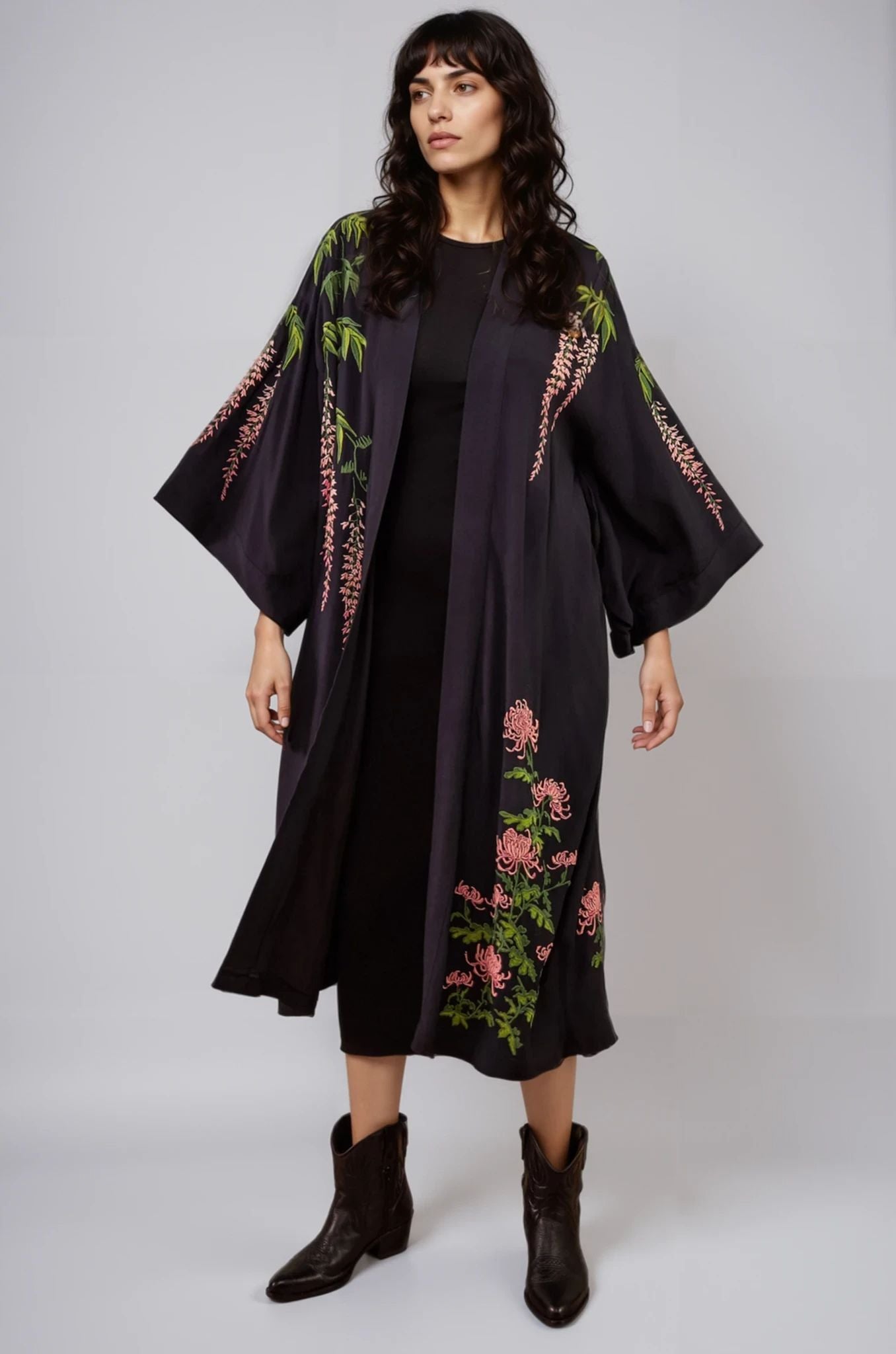 Wisteria & Chrysanthemum Embroidered Black & Pink Fully Lined Long Kimono