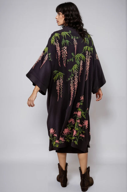 Wisteria & Chrysanthemum Embroidered Black & Pink Fully Lined Long Kimono