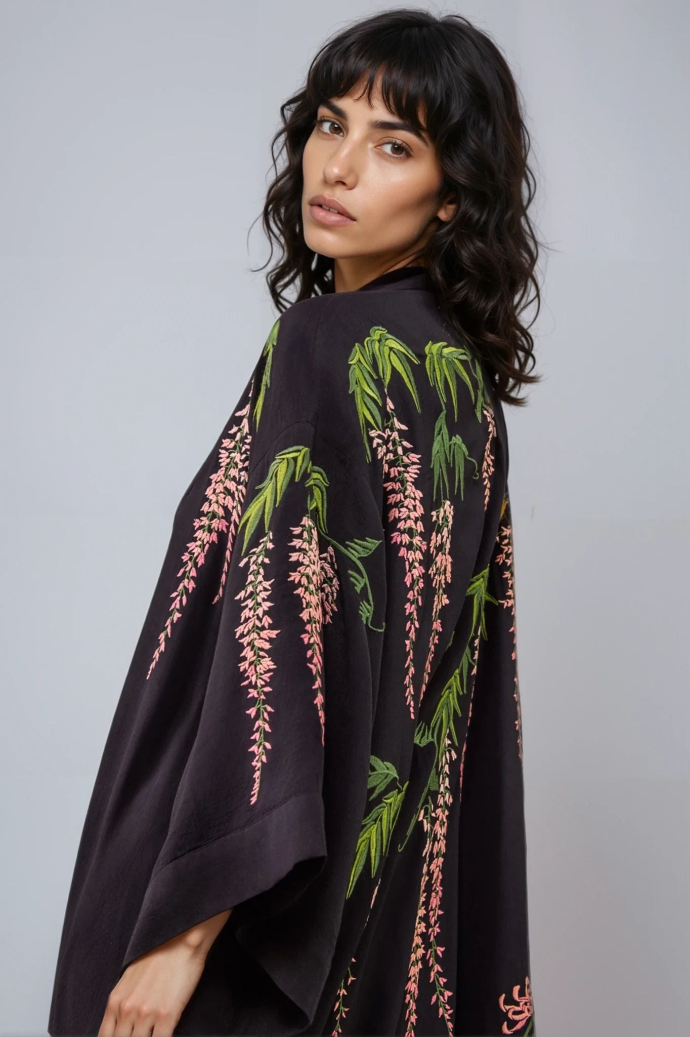 Wisteria & Chrysanthemum Embroidered Black & Pink Fully Lined Long Kimono