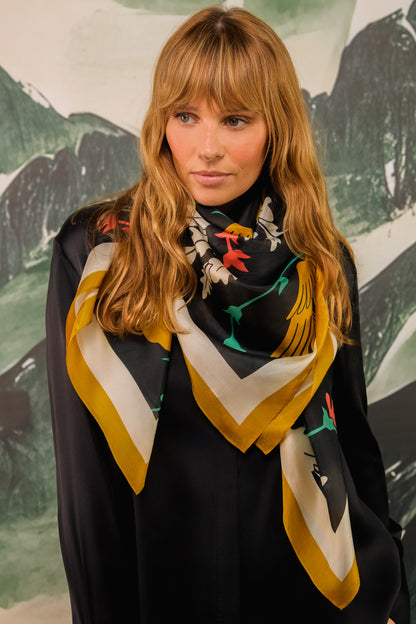 Regal Doves & Lions Black & Colourful Luxury Silk Scarf 120cm * 120cm