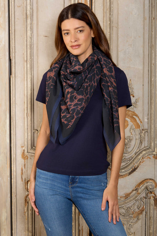 Leopard Print Cotton Scarf with Blue Spots - 120cm * 120cm