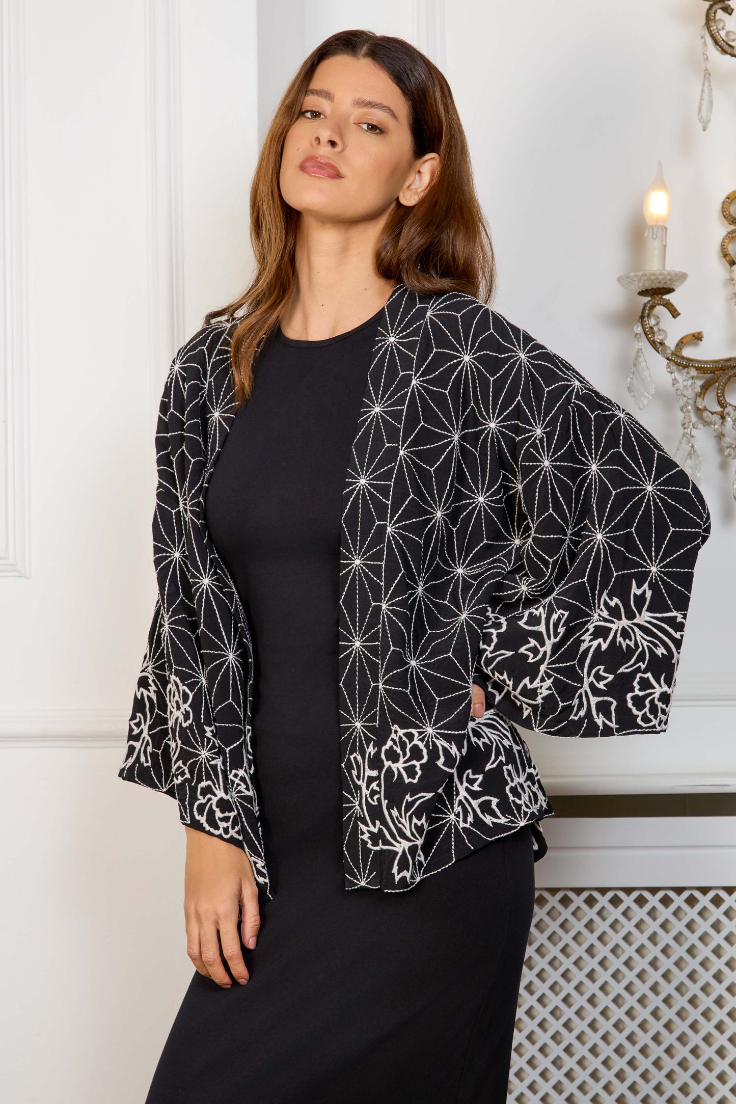 Asanoha & Peony Embroidered Black & Ivory Fully Lined Short Kimono