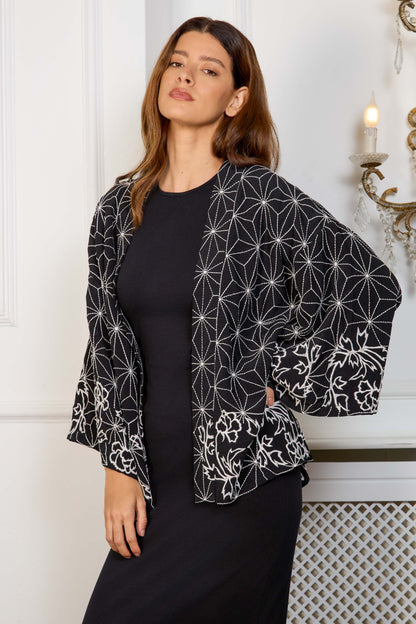 Asanoha & Peony Embroidered Black & Ivory Fully Lined Short Kimono
