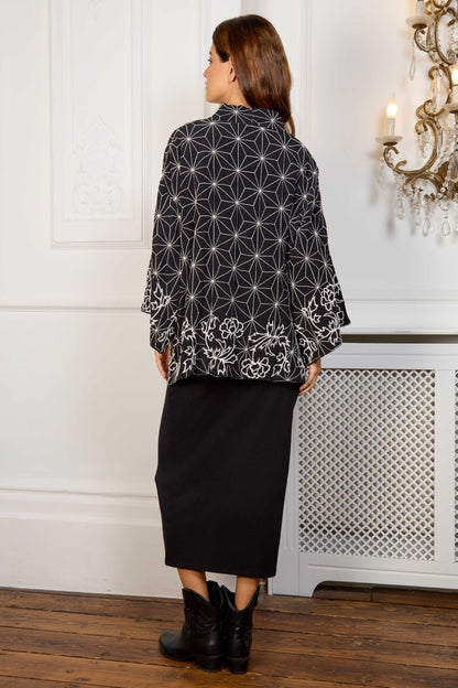 Asanoha & Peony Embroidered Black & Ivory Fully Lined Short Kimono