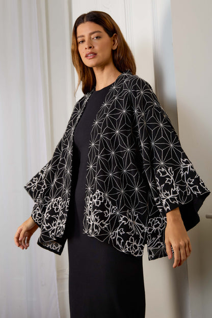 Asanoha & Peony Embroidered Black & Ivory Fully Lined Short Kimono