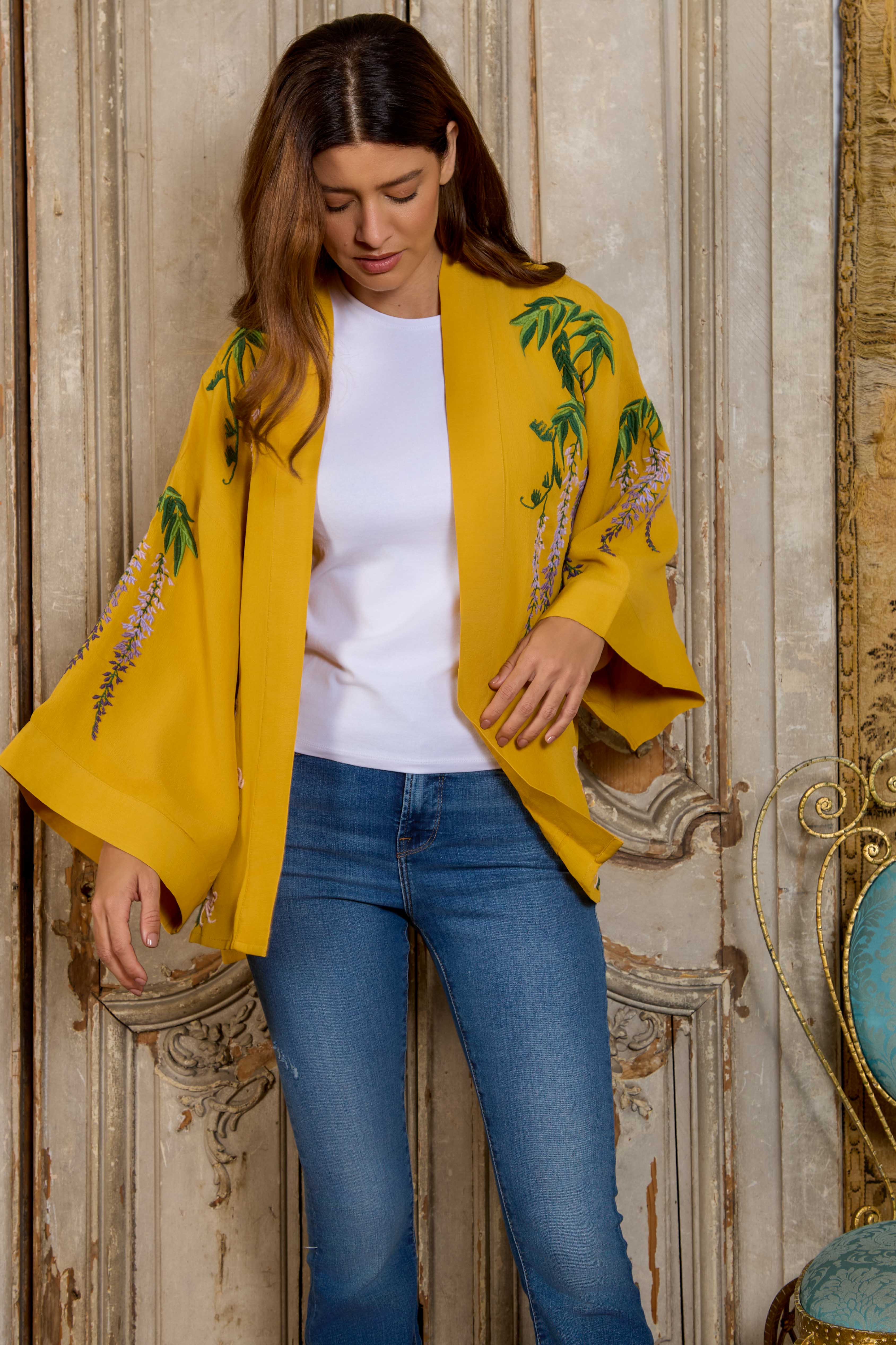 Wisteria & Chrysanthemum Embroidered Mustard Fully Lined Short