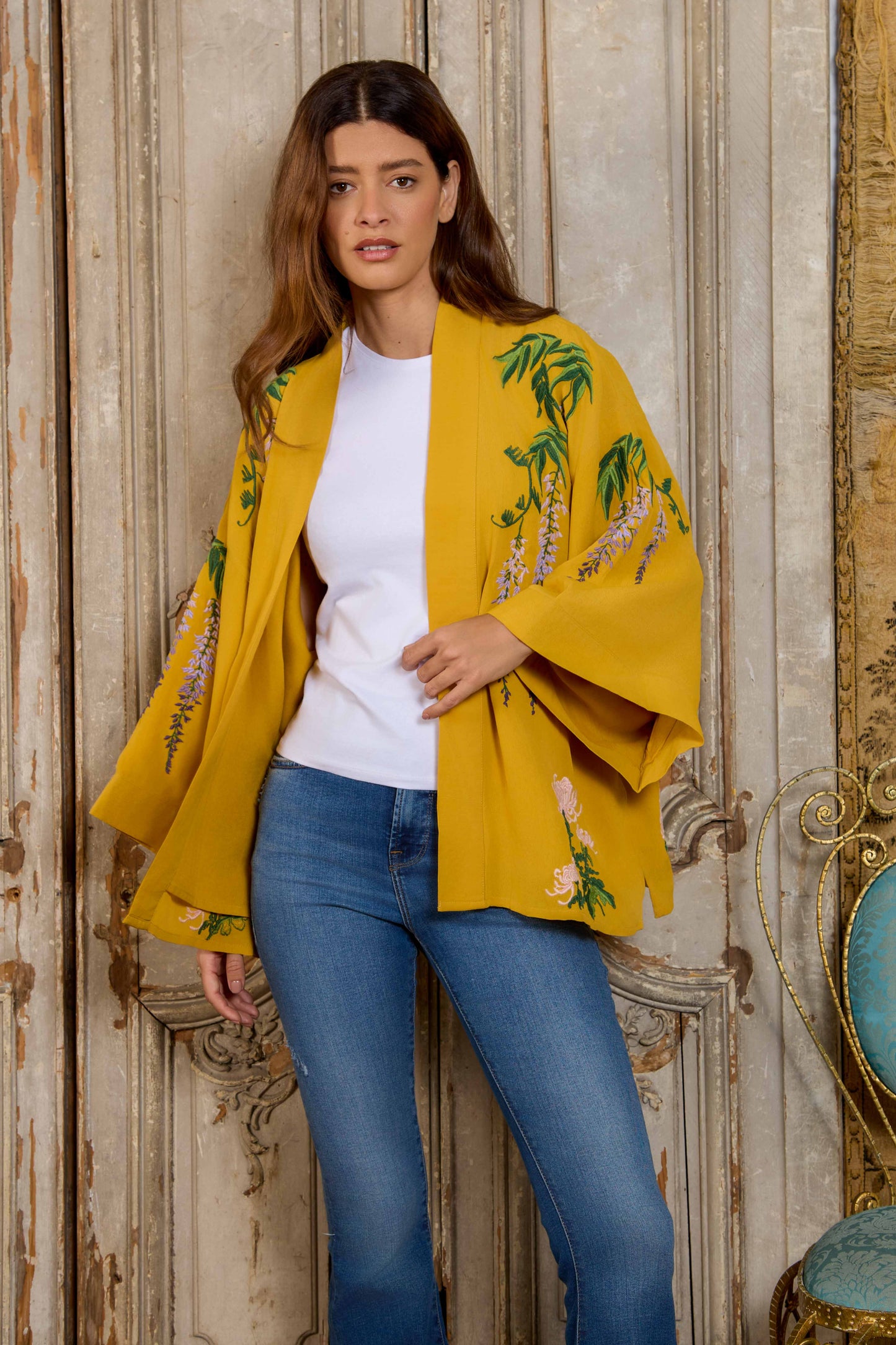 Wisteria & Chrysanthemum Embroidered Mustard Fully Lined Short Kimono
