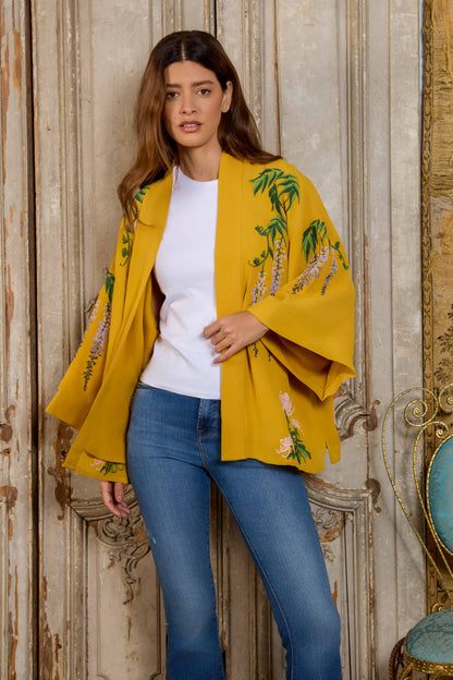 Wisteria & Chrysanthemum Embroidered Mustard Fully Lined Short Kimono