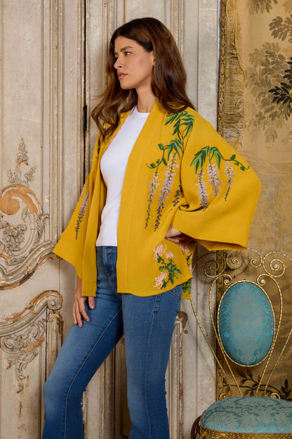 Wisteria & Chrysanthemum Embroidered Mustard Fully Lined Short Kimono