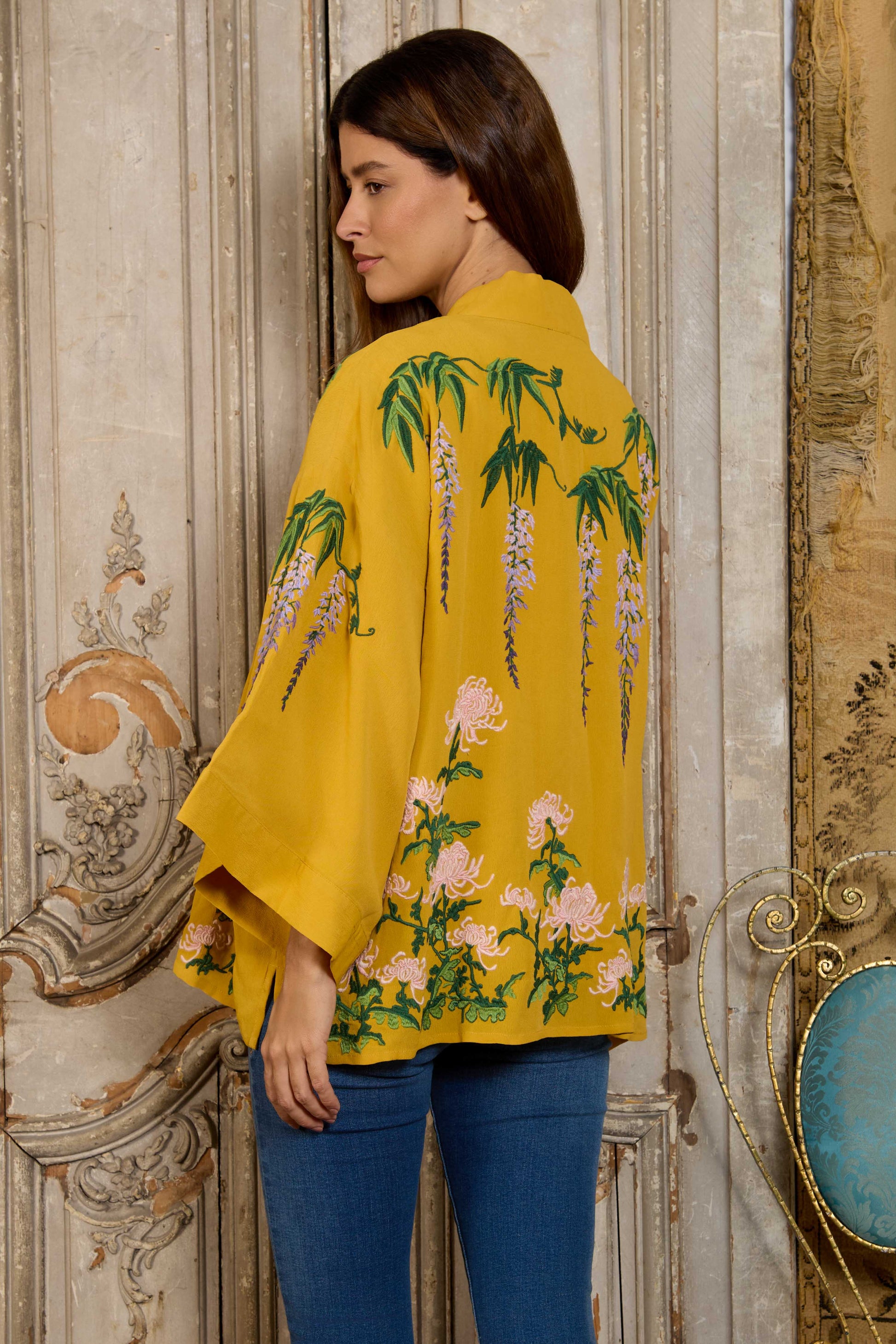 Wisteria & Chrysanthemum Embroidered Mustard Fully Lined Short Kimono Artemis Muse Wisteria & Chrysanthemum Embroidered Mustard Fully Lined Short Kimono Artemis Muse
