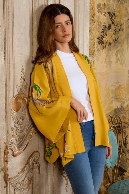 Wisteria & Chrysanthemum Embroidered Mustard Fully Lined Short Kimono