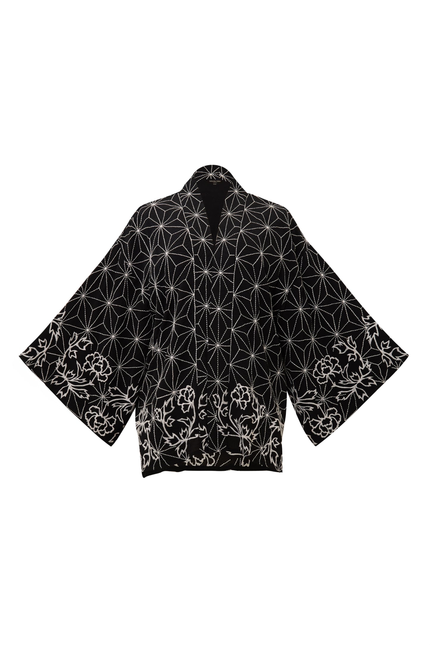 Asanoha & Peony Embroidered Black & Ivory Fully Lined Short Kimono