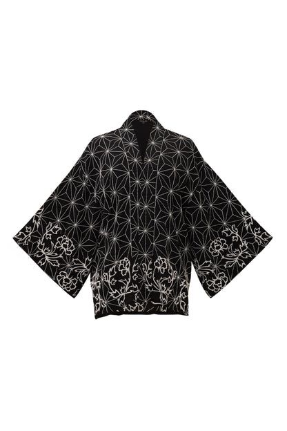 Asanoha & Peony Embroidered Black & Ivory Fully Lined Short Kimono