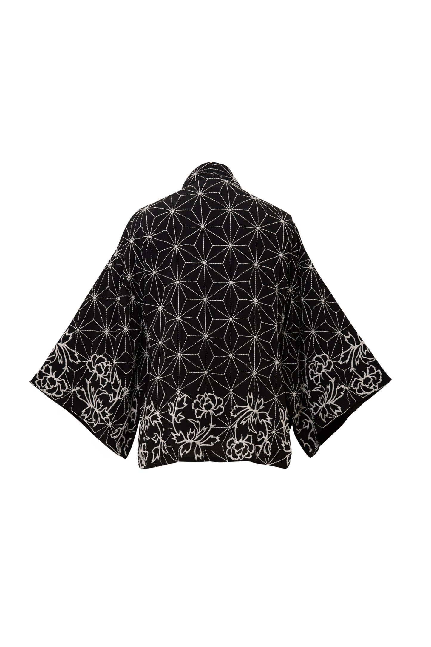 Asanoha & Peony Embroidered Black & Ivory Fully Lined Short Kimono