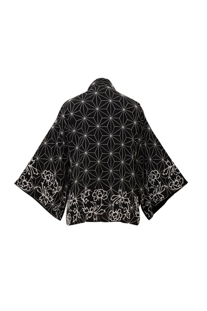 Asanoha & Peony Embroidered Black & Ivory Fully Lined Short Kimono