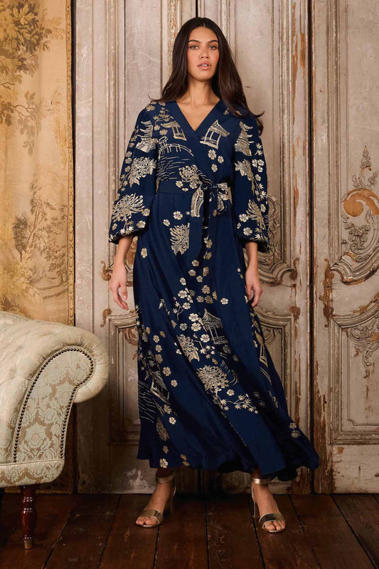 Gold and Navy Pagoda Hera Dress