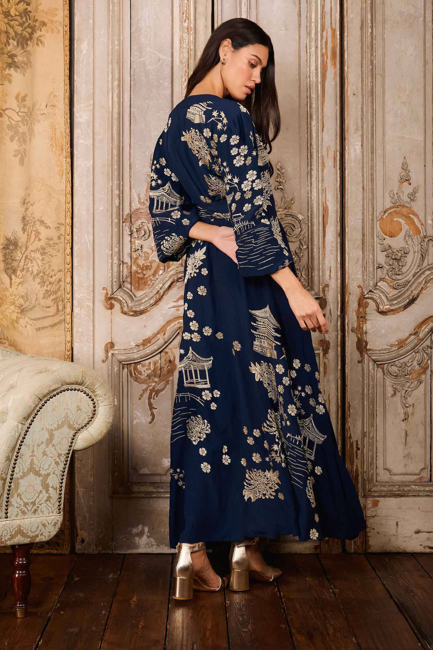 Gold and Navy Pagoda Hera Dress