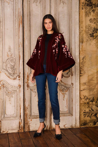 Velvet Floral Wine & Pink Short Kimono