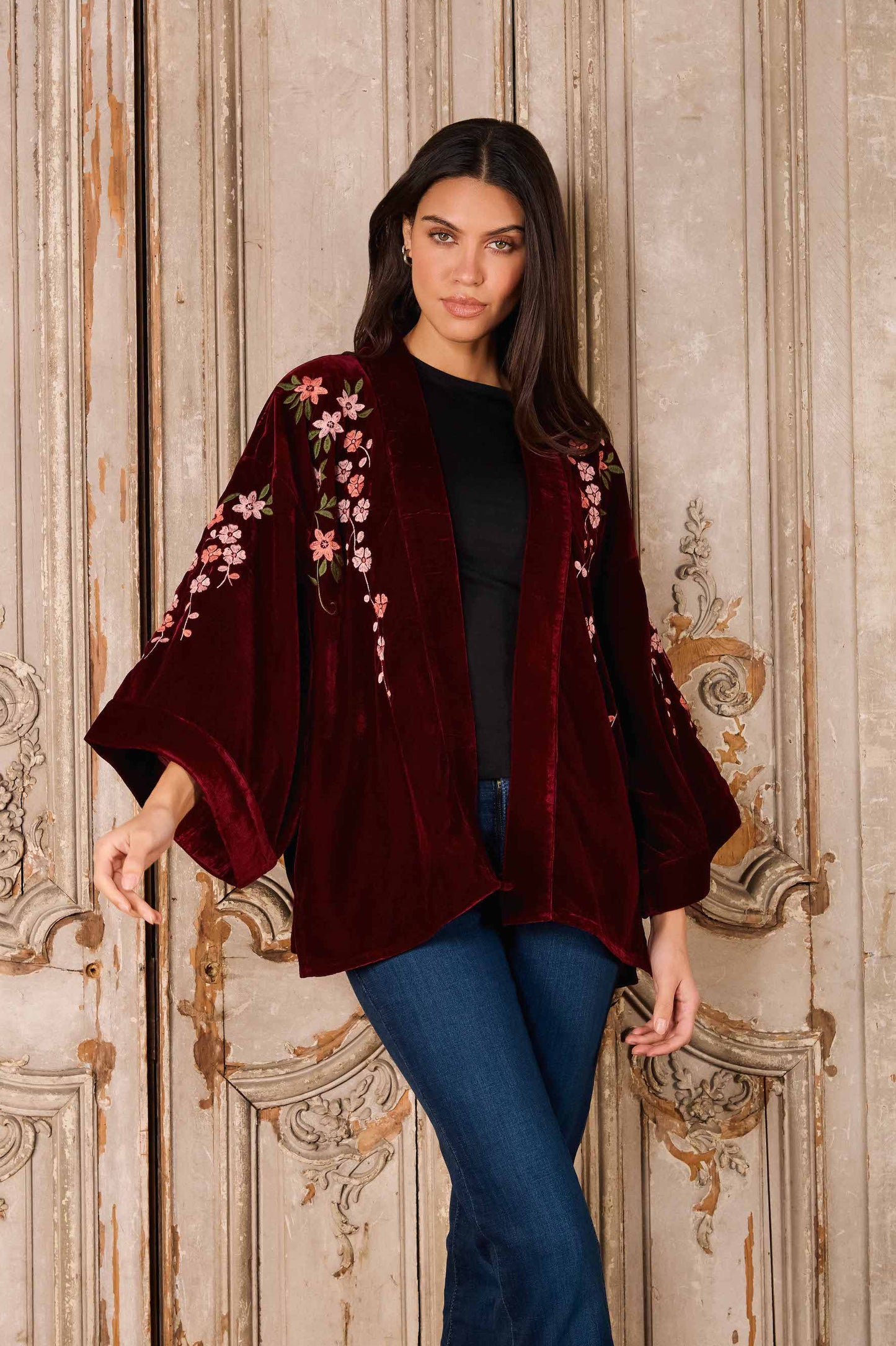 Velvet Floral Wine & Pink Short Kimono