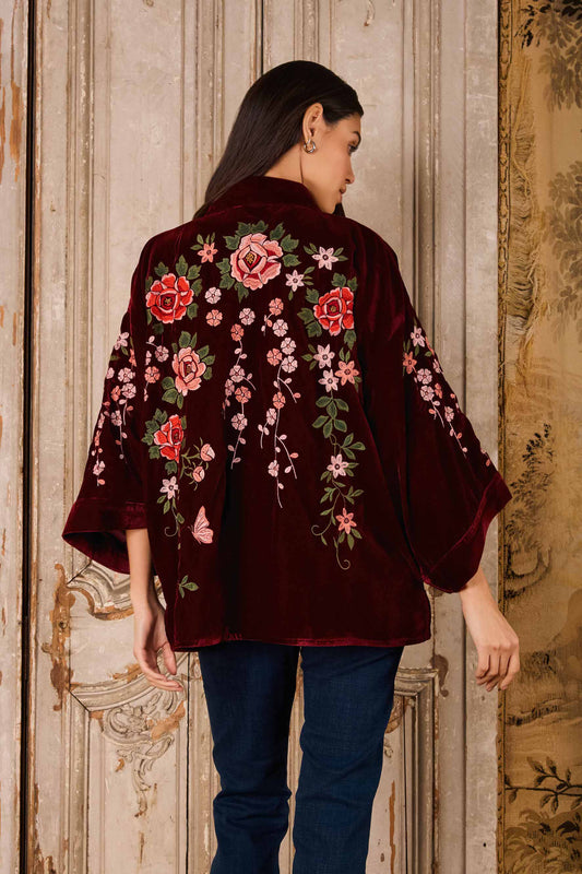 Velvet Floral Wine & Pink Short Kimono