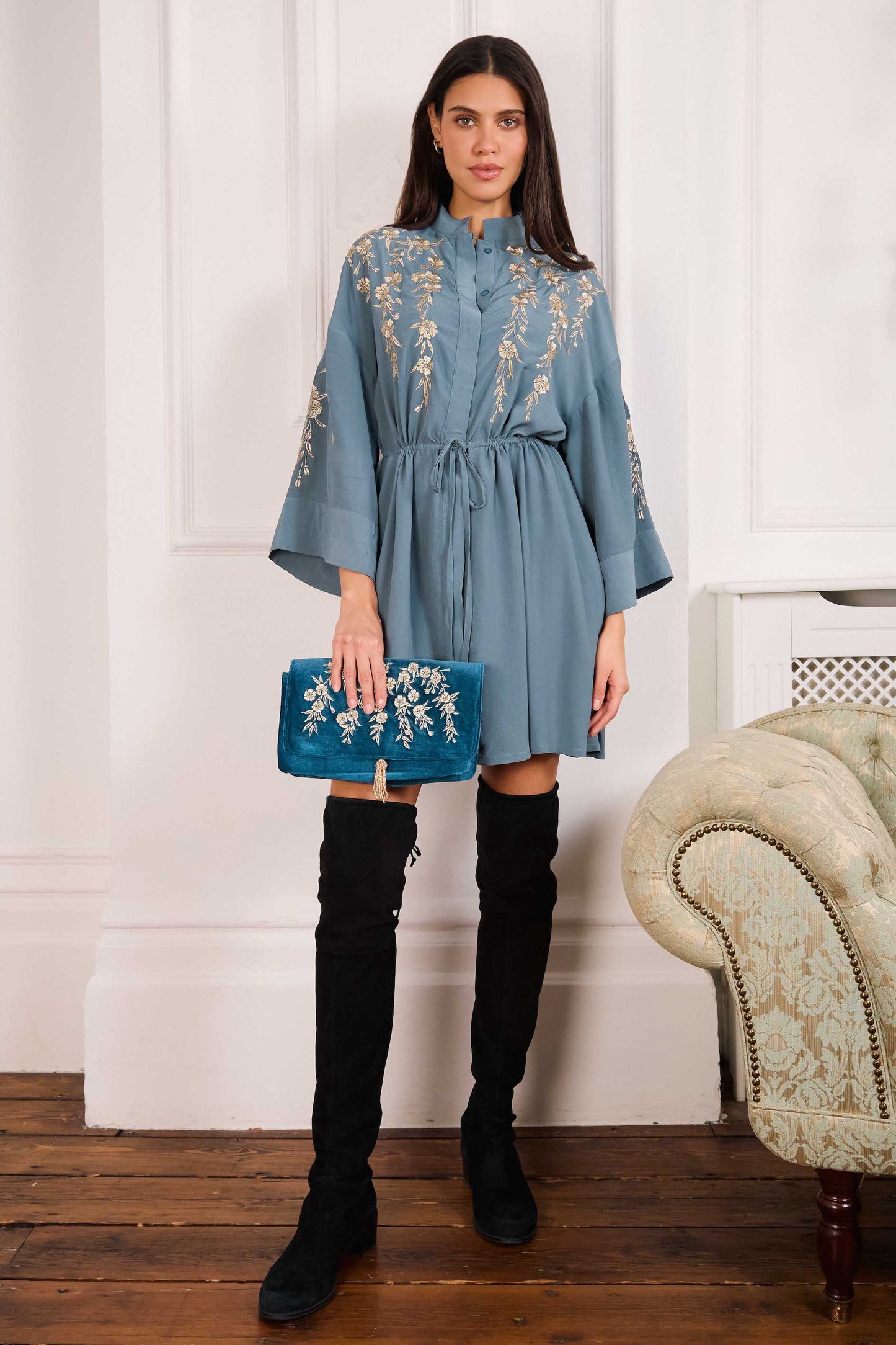 Japanese Blossoms Metallic Champagne & Blue Embroidered Velvet Bag