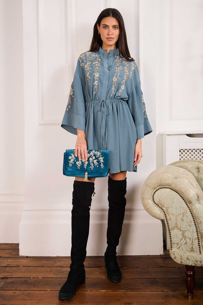 Japanese Blossoms Metallic Champagne & Blue Embroidered Velvet Bag
