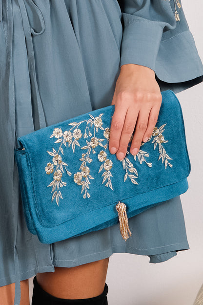 Japanese Blossoms Metallic Champagne & Blue Embroidered Velvet Bag