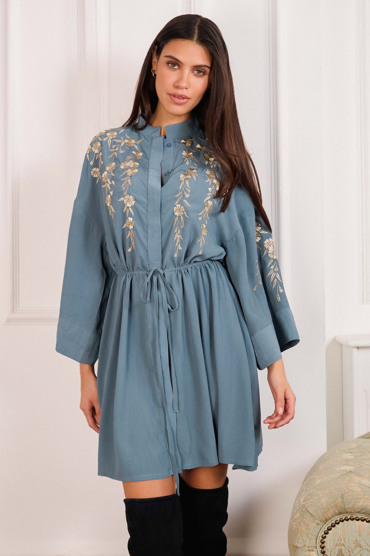 Japanese Blossoms Metallic Champagne and Blue Embroidery Selene Dress