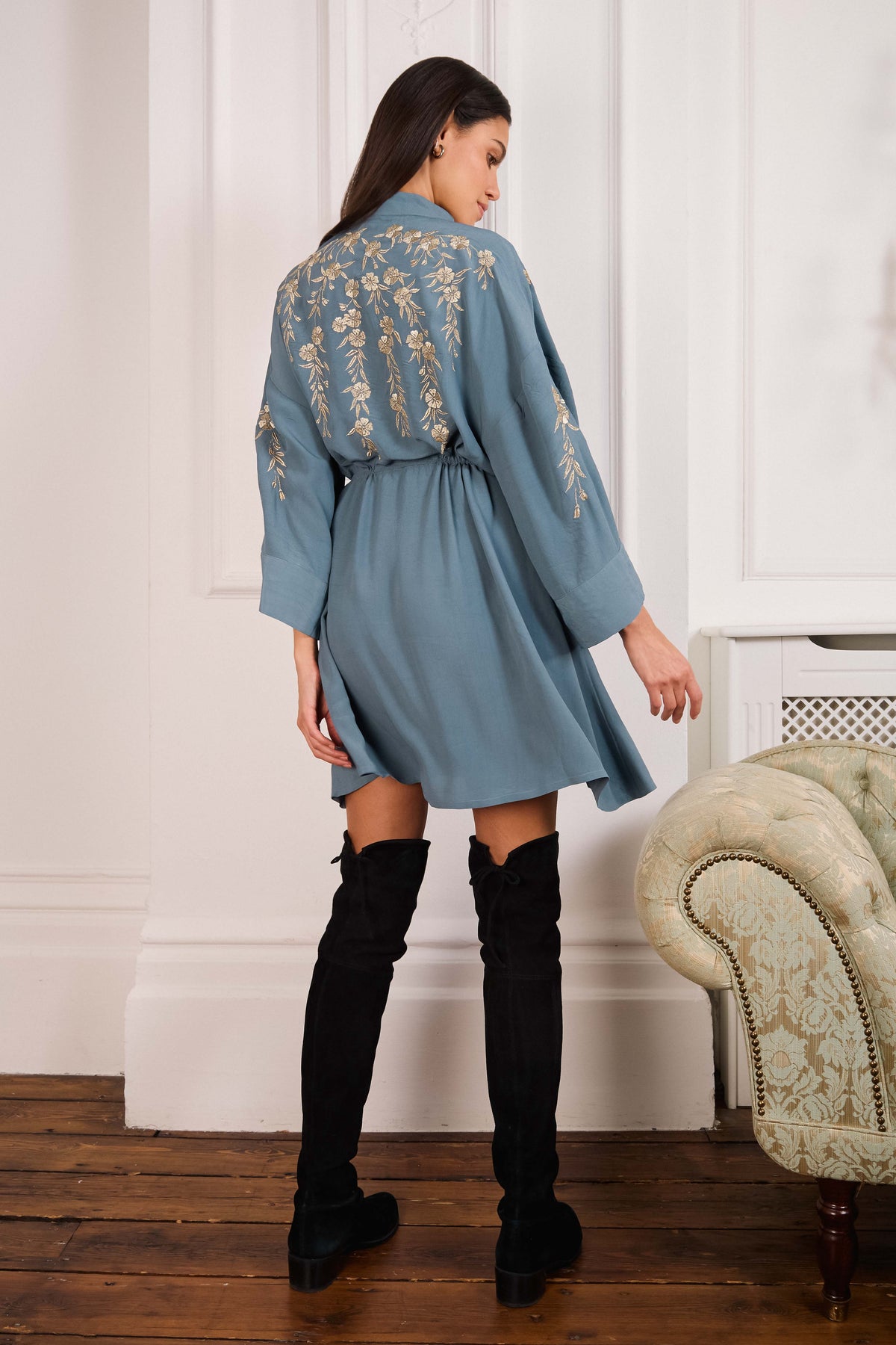 Japanese Blossoms Metallic Champagne and Blue Embroidery Selene Dress
