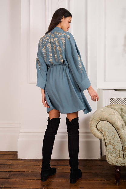Japanese Blossoms Metallic Champagne and Blue Embroidery Selene Dress