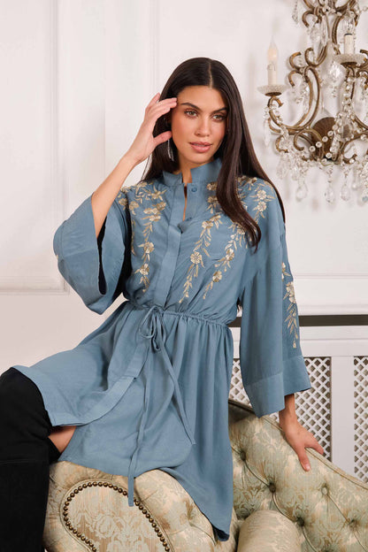 Japanese Blossoms Metallic Champagne and Blue Embroidery Selene Dress