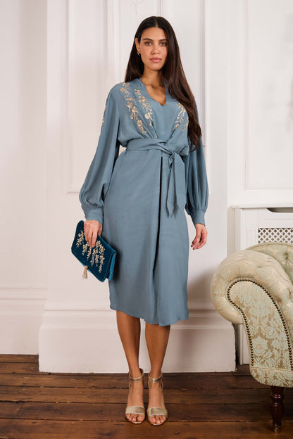 Japanese Blossoms Metallic Champagne and Blue Embroidery Artemis Dress
