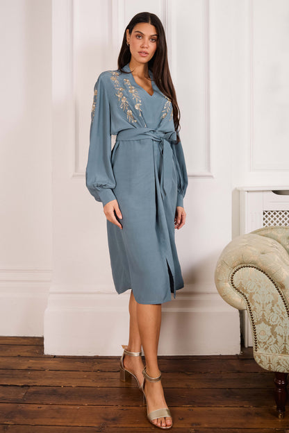 Japanese Blossoms Metallic Champagne and Blue Embroidery Artemis Dress