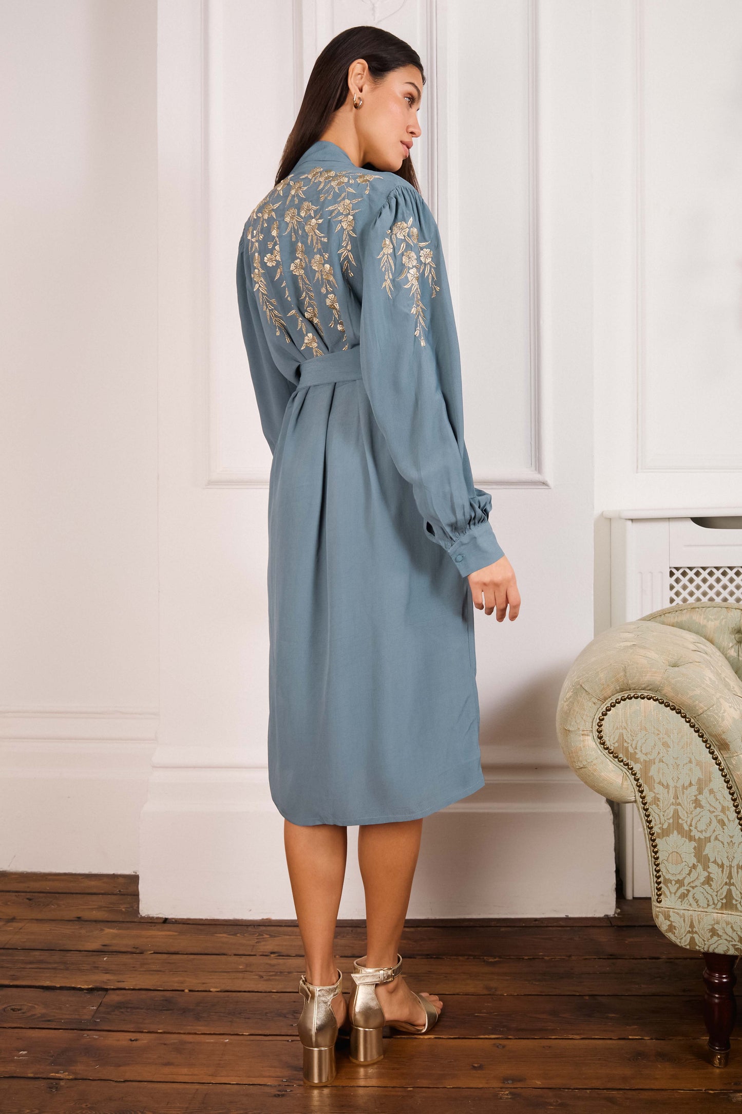 Japanese Blossoms Metallic Champagne and Blue Embroidery Artemis Dress
